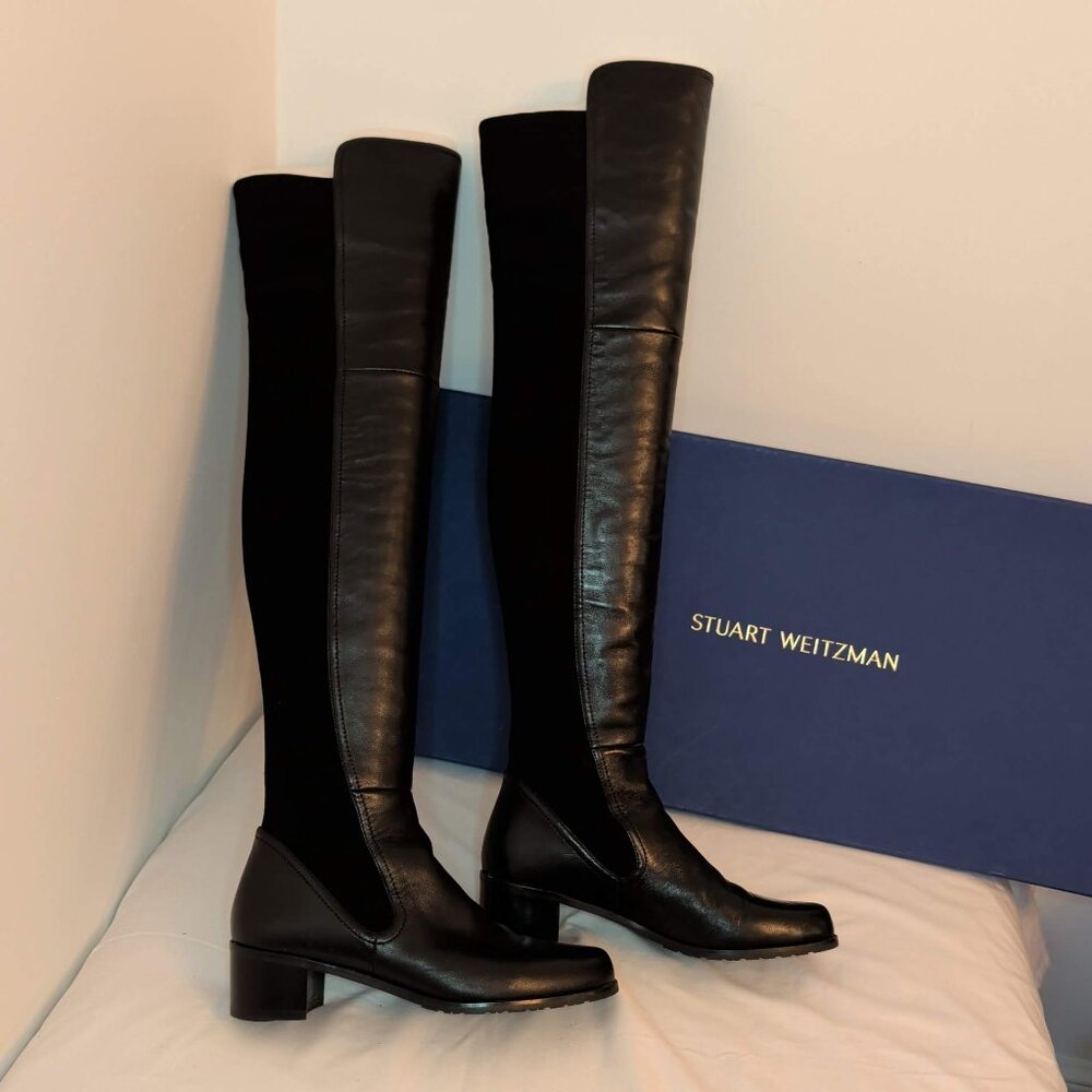 Stuart Weitzman Lynelle Black Leather and Neoprene Over-The-Knee Boots - Picture 4 of 11